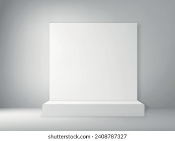 Empty white studio room with blank table podium. Template for Object Presentation.