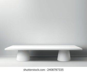Empty white studio room with blank table podium. Template for Object Presentation.