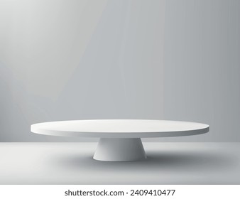 Sala de estudio blanca vacía con podio de mesa en blanco. Plantilla para presentación de objetos.