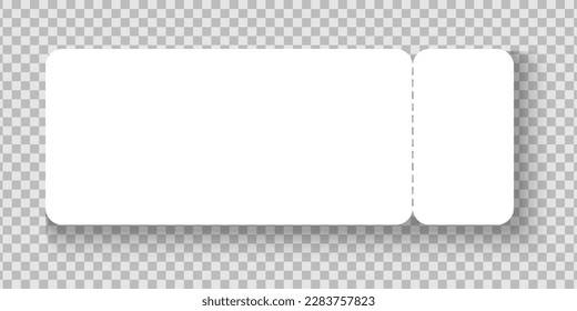 Empty white ticket mockup. Paper entry ticket for movie, airplane, concert, party, museum, festival, theater, exhibition isolated on transparent background. Vector realistic illustration