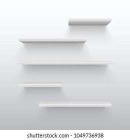 Empty white trading 3d shelves with shadow on wall. Blank bookshelf for home interior vector illustration. Bookshelf store or shop, shelf interior exhibition