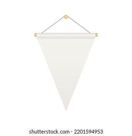 Empty white triangular bunting pennant. Hanging realistic pennant or flag with rope. Bunting flag mock up. Blank realistic template. Vector illustration isolated on white background.