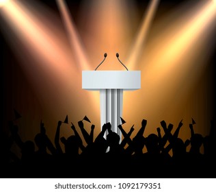 Empty white tribune on stage with illumination and silhouette of crowd realistic composition vector illustration