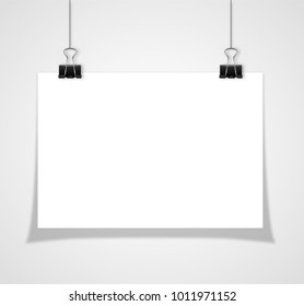 Empty white vector horizontal poster template. Poster mockup. Template of blank vector poster. Mock up hanging on wall. Frame for paper sheet. Stock vector. 