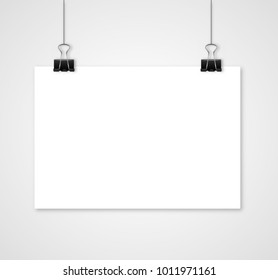 Empty white vector horizontal poster template. Poster mockup. Template of blank vector poster. Mock up hanging on wall. Frame for paper sheet. Stock vector. 