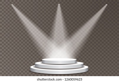 Empty white vector pedestal with on transparent background with three spotlights. Template for product presentation with spotlights