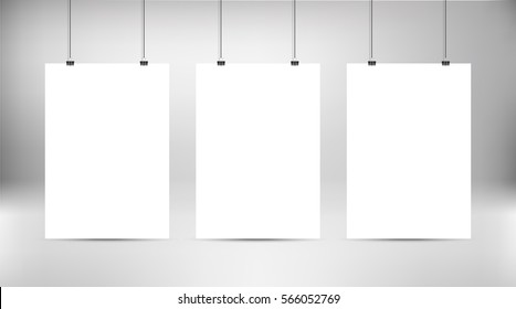 Empty white vector poster templates. Poster mock up. Template of three white blank vector posters. Set of mockups hanging on the wall. Frame for paper sheet. Stock vector. 