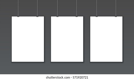 Empty white vector poster templates on dark gray background. Poster mock up. Template of three white blank vector posters. Collection of paper poster mockups hanging on wall. Frame for paper sheet. 