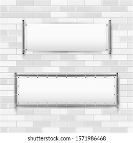 Empty White Vinyl Banners With Grommets Hanging On A Rigid Metal Frame. Horizontal Blank Advertising Banners On A White Brick Wall. Vector Illustration.