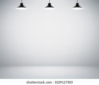 Empty white wall. Blank room is illuminated by lamps. Background for advertising indoors. Stock vector illustration.