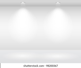 Empty White Wall With Halogen Lamps. Vector Template