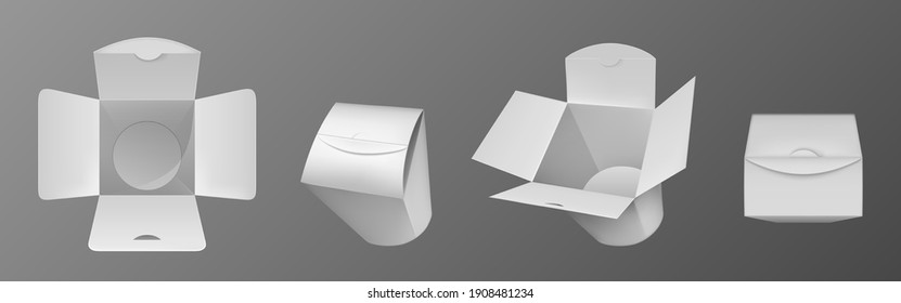Empty white Wok box, paper packaging for chinese food, noodle or rice with chicken. Vector realistic mockup of closed and open takeaway boxes in front and top view isolated on background