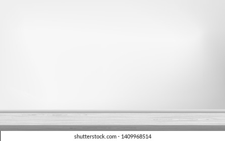 Empty white wooden floor, shelf surfece next to white wall. Vector illustration