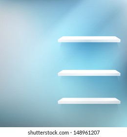 Empty white wooden shelf at the wall with copy space. EPS 10