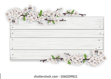 Empty white wooden sign on a blossoming tree branch frame background. The template for a banner or an advertisement for a seasonal discount.