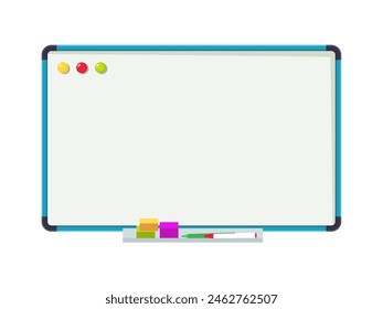 Empty whiteboard. Clean office board with markers and color magnets isolated cartoon vector illustration of blank board for business, clean empty frame with marker