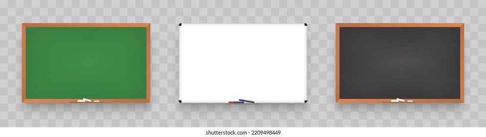 Empty whiteboard with marker pens. Realistic office. Whiteboard. School chalkboard, cork board, whiteboard for markers. Business presentation. Vector mockup of office white board. Vector illustration