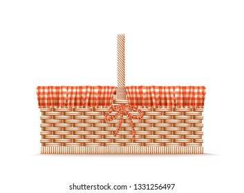 Empty Wicked Rattan Picnic Basket With Checkered Linen. Vector Photo Realistic 3d Illustration