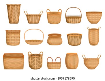 Empty wicker basket cartoon collection. Realistic handmade hampers and boxes for picnic, gifts, grocery. Vector illustration set. Containers, storage, delivery concept