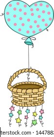 Empty wicker basket flying with heart balloon and stars