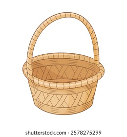 Empty wicker basket with handle, handmade container or pannier Hand drawn Trendy flat style isolated Decorative accessories for storage or carrying for web graphic design. Vector illustration