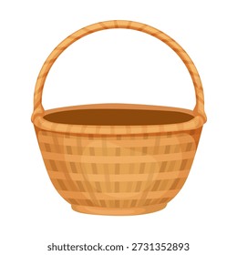 Empty wicker basket with handle isolated on white background. Rustic woven container for Easter, harvest, shopping, picnic, gift packaging and seasonal design use.