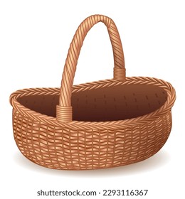 Empty wicker basket with handle made of vine, wood, food storage, vegetables, eggs, transport things and container, old tool of villages and towns, traditional element for easter holiday	