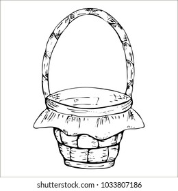 Empty wicker basket with handle . Outline black and white vector illustration.