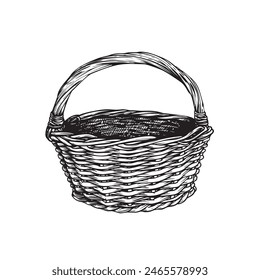 Empty wicker basket with handle. Sketch hand drawn style. Picnic and harvest symbol. Vector illustration isolated on white.