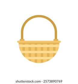 Empty wicker basket with handle standing upright on white background