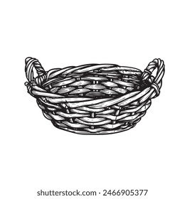 Empty wicker basket with handles. Sketch hand drawn style. Picnic and harvest symbol. Vector illustration isolated on white.