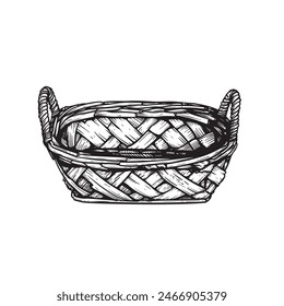 Empty wicker basket with handles. Sketch hand drawn style. Best for fruit and bread. Vector illustration isolated on white.