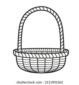 Empty wicker basket with large handle outlined for coloring book on white background