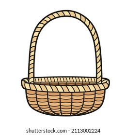 Empty wicker basket with large handle color variation for coloring book on white background