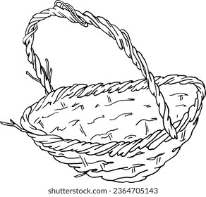 Cesta vacía de mimbre. Gráficos de línea para imprimir páginas de color, vector. Dibujo de una cesta tejida con barras de madera. Estilo rústico. Para imprimir en platos, objetos e impresión de libros.
