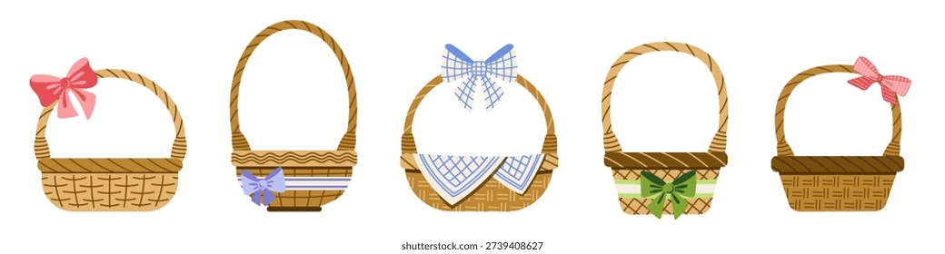 Empty wicker basket with napkin and colored satin bows decoration set. Picnic willow baskets, empty straw hampers, decorative wicker baskets with handle. Vector illustration set.