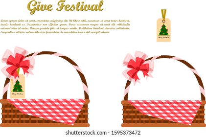 Empty wicker basket with ribbon and tag. Flat design vector illustration.