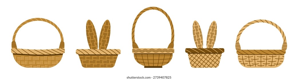 Empty wicker basket set. Traditional willow basket isolated elements. Hand drawn simple vector illustration. Easter design clipart collection