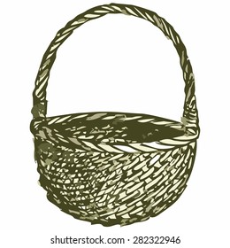 Empty wicker basket. Shades of green and yellow. Doodle style