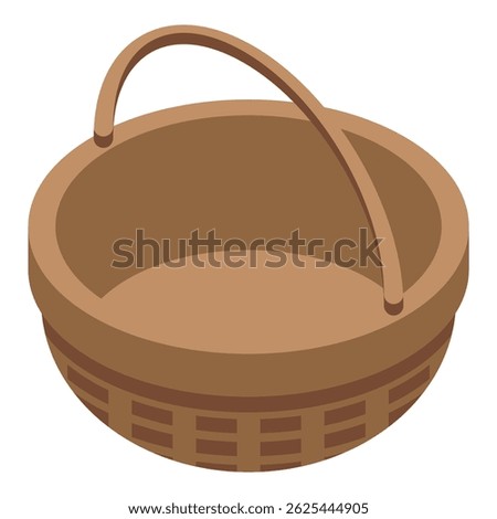 Empty wicker basket standing with handle up isolated on white background isometric view
