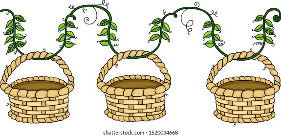 Empty wicker baskets hanging on branch leaves

