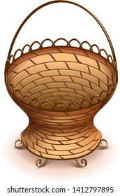 Empty Wicker flower basket with handle vector illustration. Isolated on white