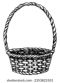 Empty wicker picnic Basket. Hand drawn vector illustration of handmade wooden osier container painted for by black inks on white isolated background in outline style. Line art sketch of eco object.