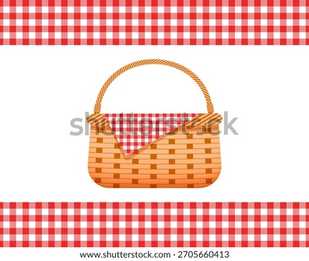 Empty wicker picnic basket with napkin and borders with red checkered gingham texture of napkin. Handmade woven willow hamper isolated on white background. Vector cartoon illustration.