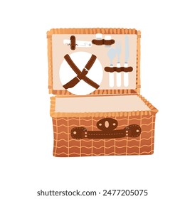 Empty wicker picnic basket with tableware set. Vintage basket. 