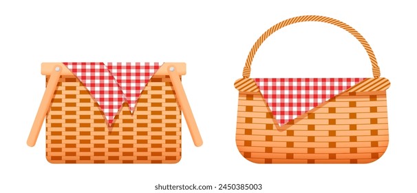 Empty wicker picnic baskets with checkered cotton or linen napkins. Handmade woven willow hampers isolated on white background. Vector cartoon illustration.