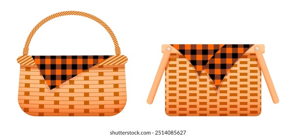 Empty wicker picnic baskets with cotton or linen napkins with checkered orange and black print. Handmade woven willow hampers for fall time isolated on white background. Vector cartoon illustration.