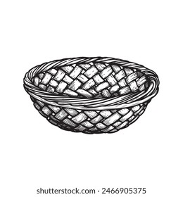 Empty wicker wooden basket. Sketch hand drawn retro style. Vector illustration isolated on white.