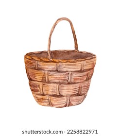 Empty wicker woooden basket. Rustic picnic bag maded from wood. Watercolor vector Easter basket