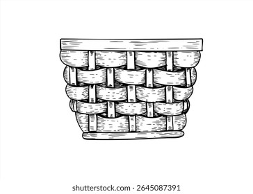 Cesta de tecido de vime vazia sem alças preto e branco vetor ilustração em estilo de contorno simples. Piquenique ou cesta de colheita desenhado à mão esboço para a decoração da casa da fazenda, embalagem ecológica rústica.